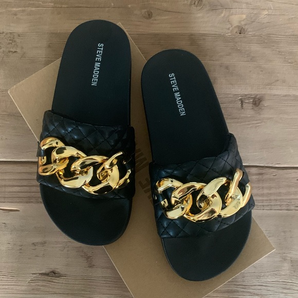 Steve Madden | Shoes | Steve Madden Slides Black With Gold Chain | Poshmark
